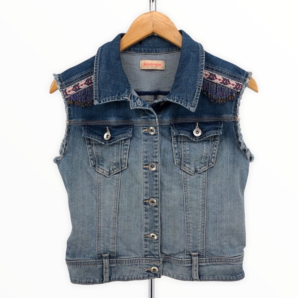 Stradivarius Denim Sleeveless Jacket Vest Embroidered Beaded Trim size Large